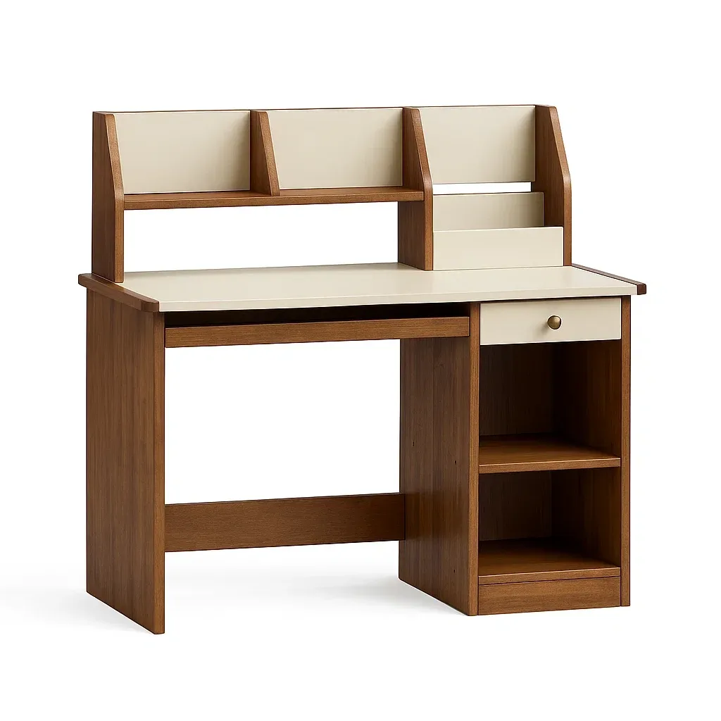 Scrivania per bambini in legno e mdf con ripiani e cassetto color noce e bianco-CASALIQ