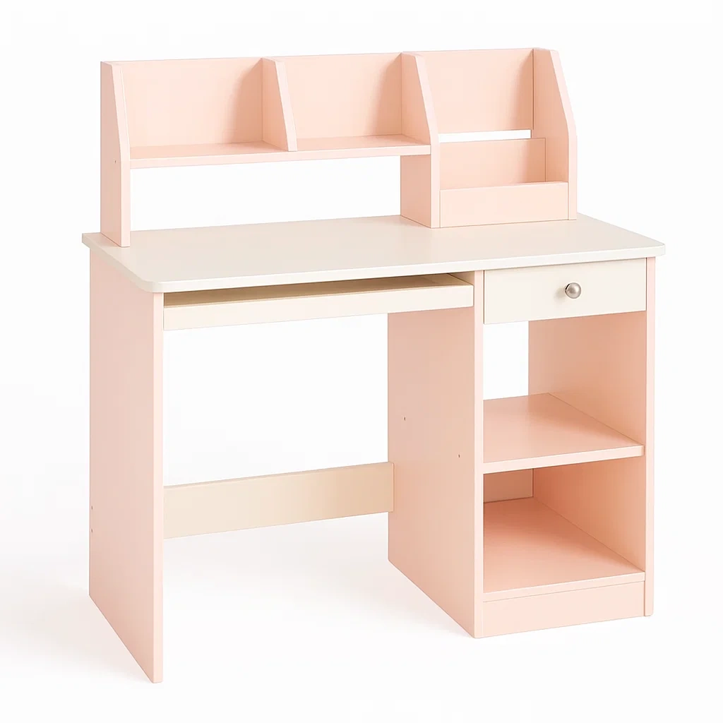 Scrivania per bambini rosa in mdf con ripiani e cassetto 100x50x120 cm-CASALIQ