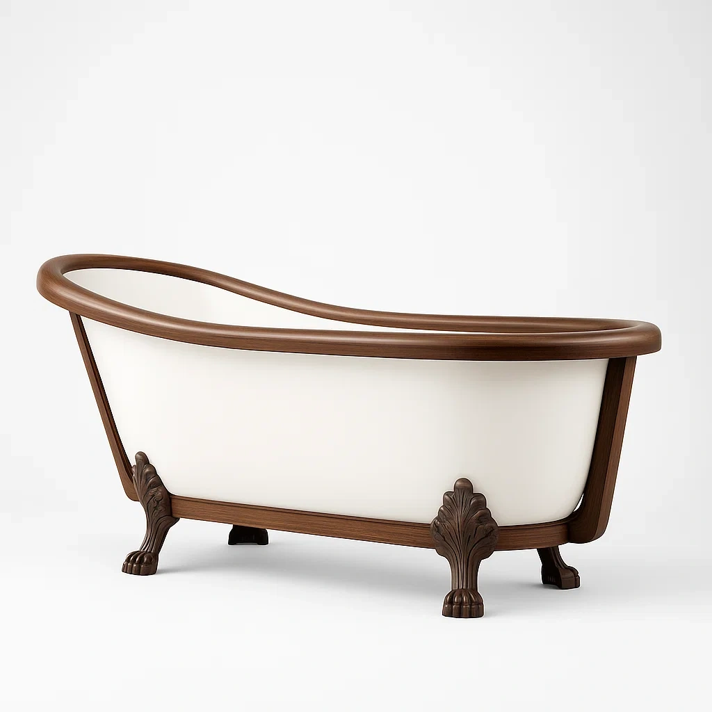 Vasca da bagno ovale in acrilico con dettagli in legno 170 cm bianco e marrone-CASALIQ