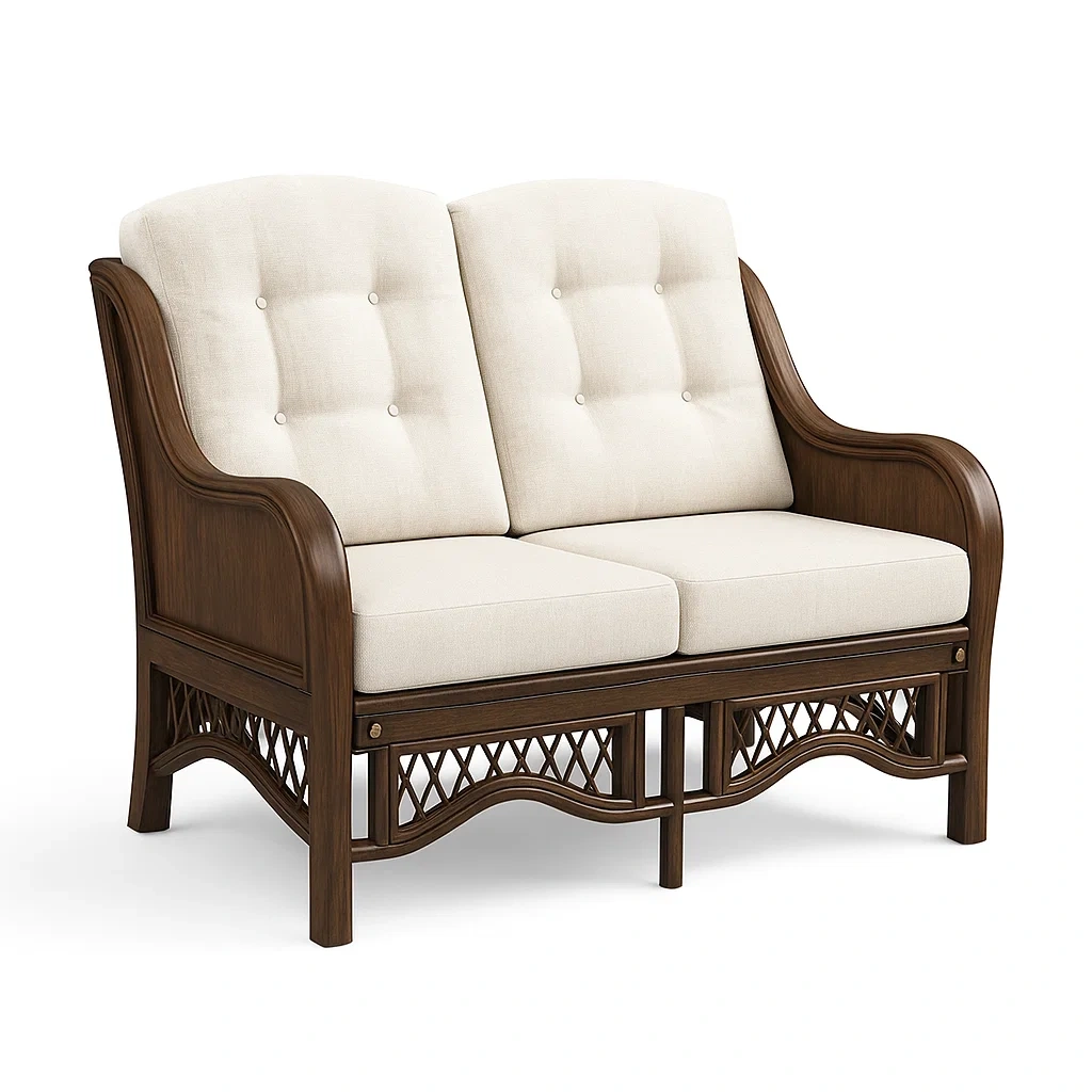 Divano a due posti in legno con cuscini crema-CASALIQ