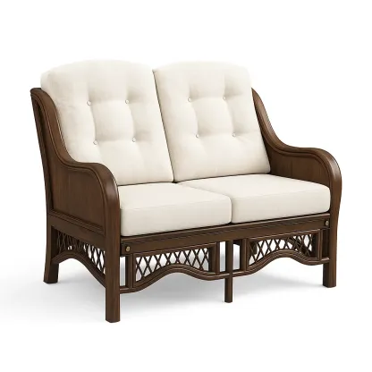 Divano a due posti in legno con cuscini crema-CASALIQ