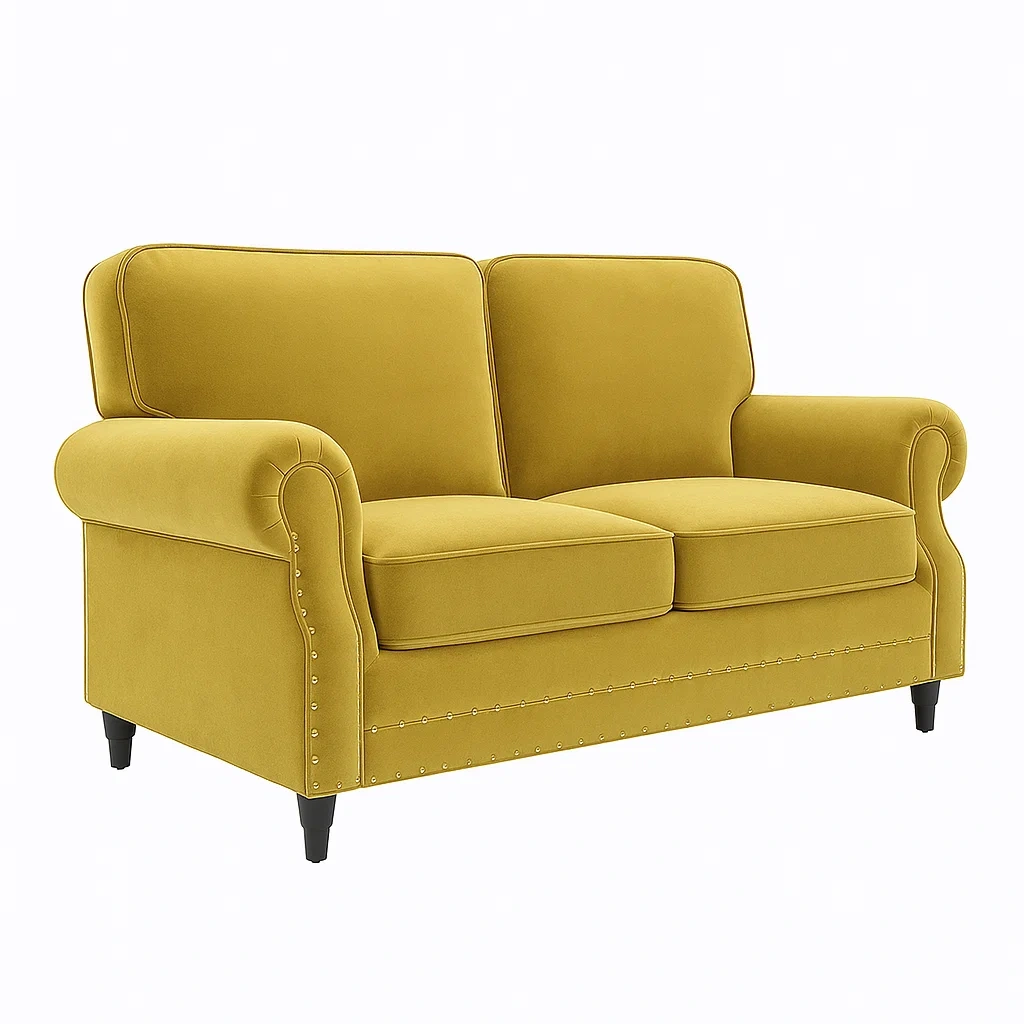 Divano a due posti in velluto giallo con braccioli arrotondati-CASALIQ