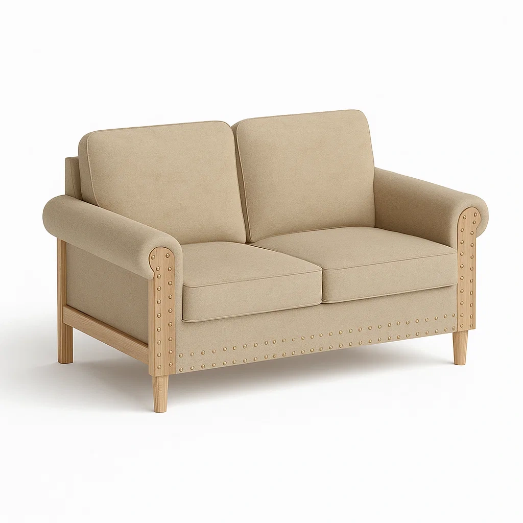 Divano a due posti in tessuto beige con struttura in legno-CASALIQ