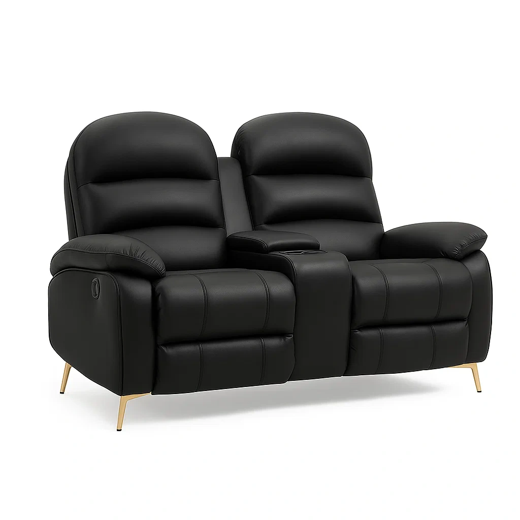 Divano a due posti reclinabile in similpelle nera con piedini in metallo-CASALIQ