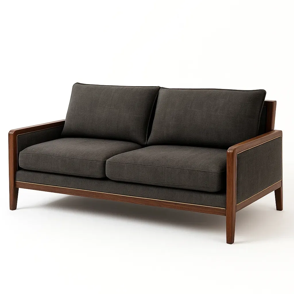 Divano a due posti in legno con cuscini in poliestere grigio scuro-CASALIQ