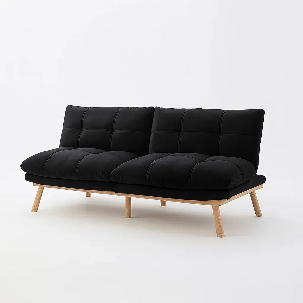 Divano a due posti in tessuto nero con struttura in legno-CASALIQ