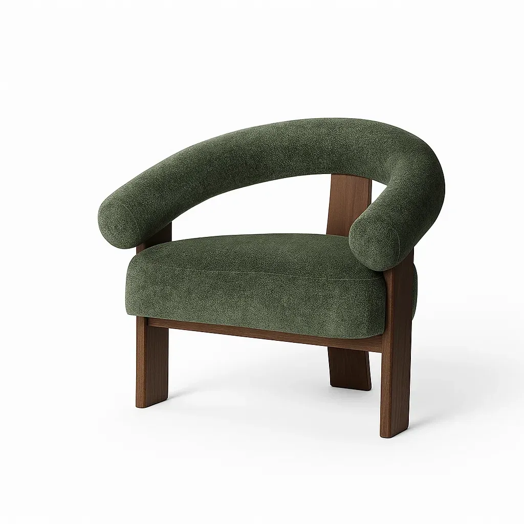 Poltrona in tessuto verde con struttura in legno di noce-CASALIQ