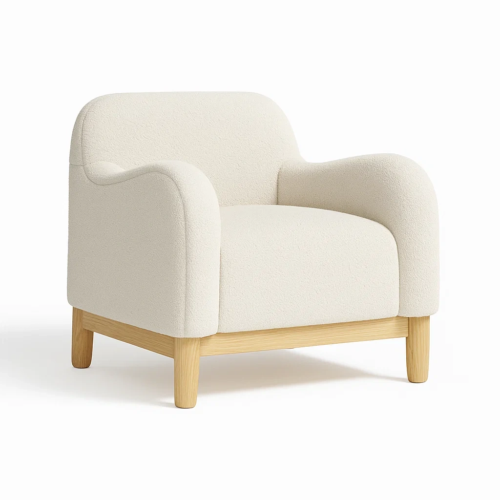 Poltrona in tessuto bouclé cremoso con gambe in legno-CASALIQ