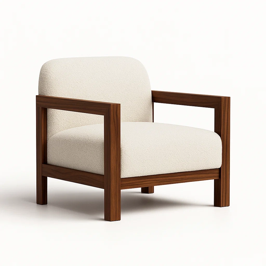 Poltrona in tessuto bouclé con struttura in legno di noce-CASALIQ