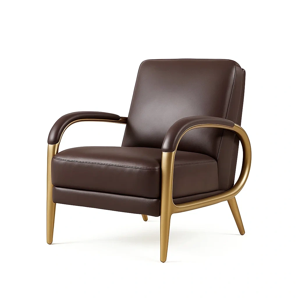 Poltrona in pelle pu con struttura in metallo dorato marrone-CASALIQ