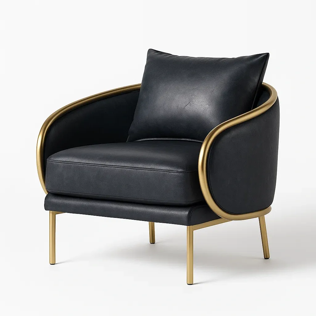 Poltrona in pelle sintetica nera con struttura in metallo dorato-CASALIQ