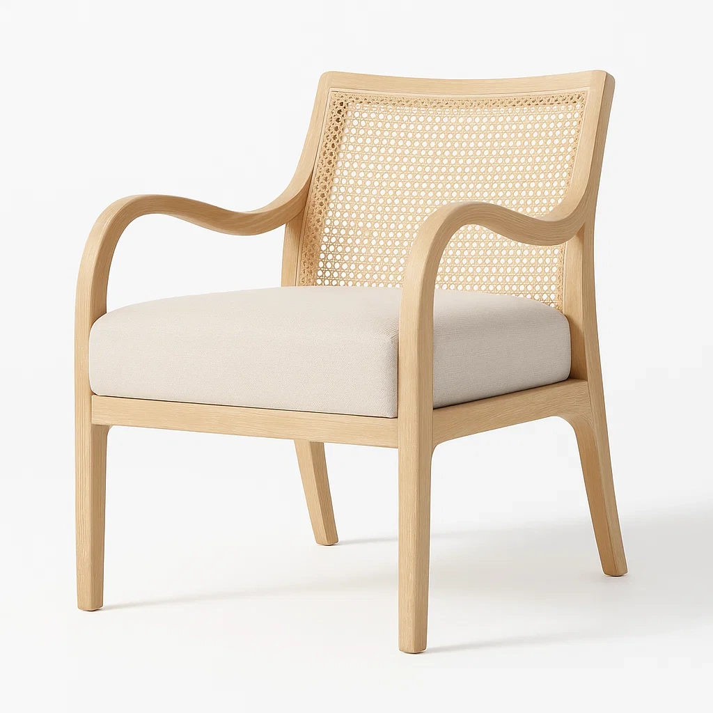 Poltrona in legno con seduta imbottita e schienale in rattan-CASALIQ