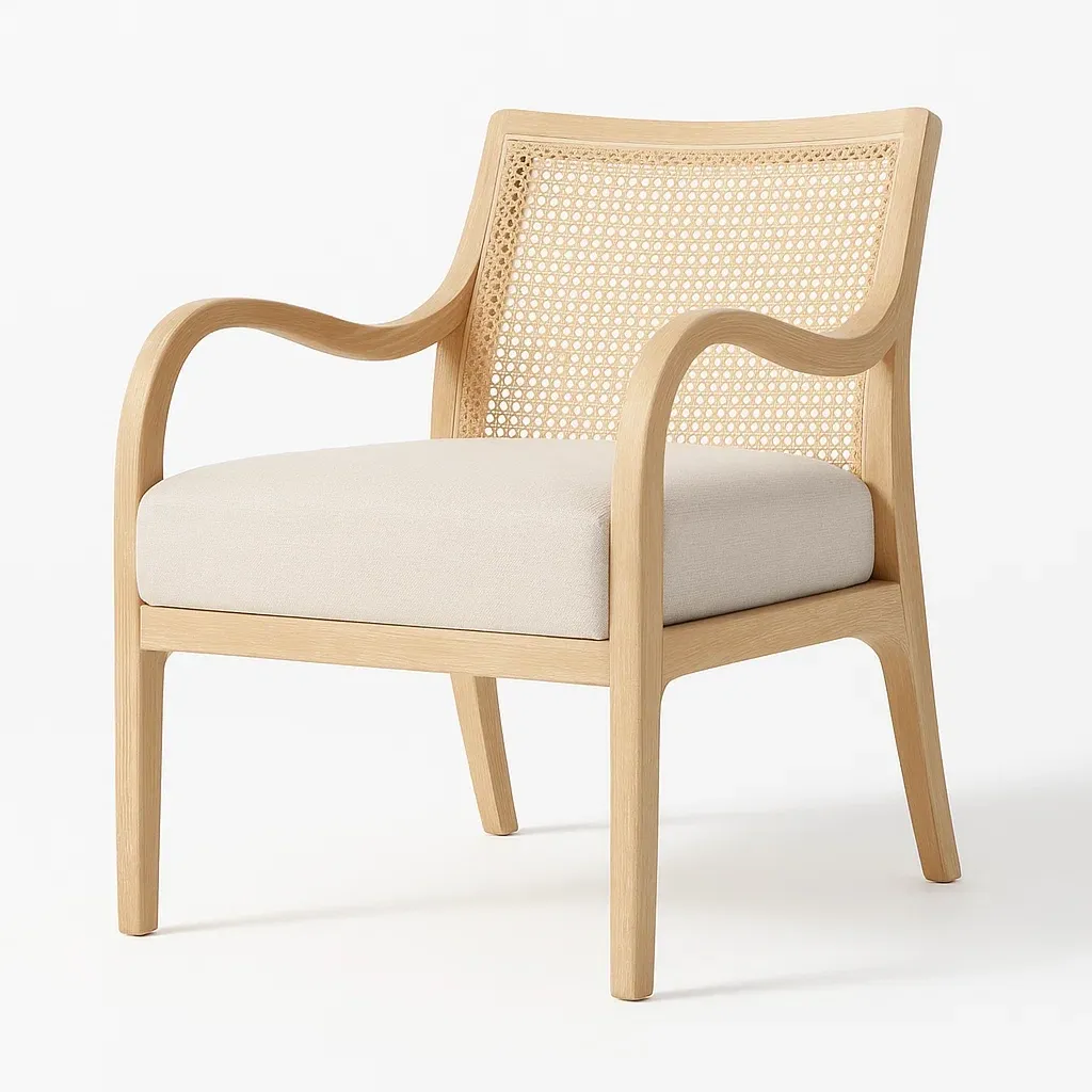 Poltrona in legno con seduta imbottita e schienale in rattan-CASALIQ