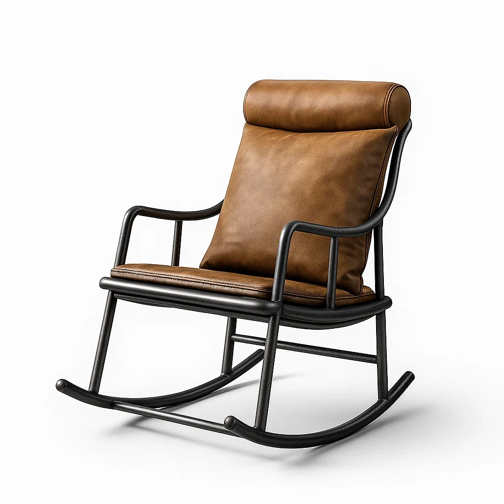 Sedia a dondolo in metallo ed ecopelle marrone-CASALIQ