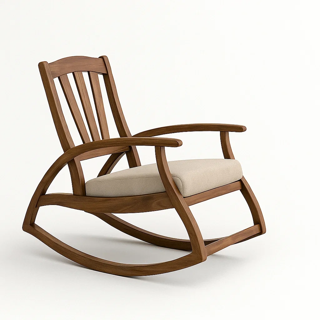 Sedia a dondolo in legno con cuscino in lino beige-CASALIQ