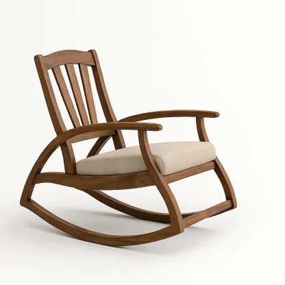 Sedia a dondolo in legno con cuscino in lino beige-CASALIQ