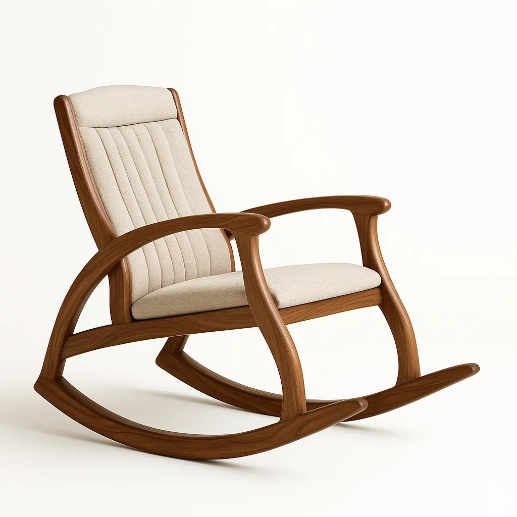 Sedia a dondolo in legno con rivestimento in tessuto beige-CASALIQ