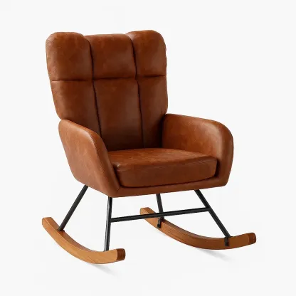 Sedia a dondolo in pelle sintetica marrone con struttura in metallo e base in legno-CASALIQ