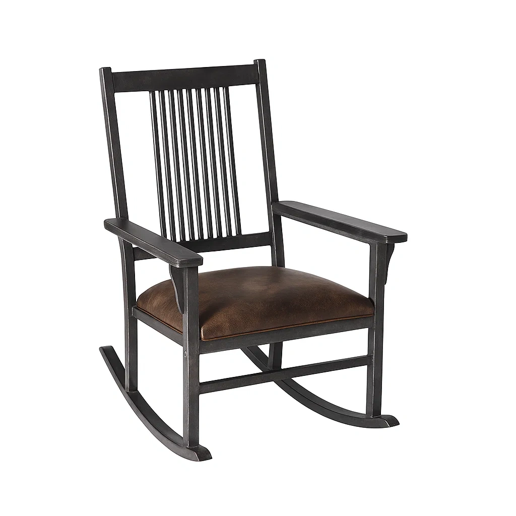 Sedia a dondolo in legno con seduta in similpelle marrone-CASALIQ