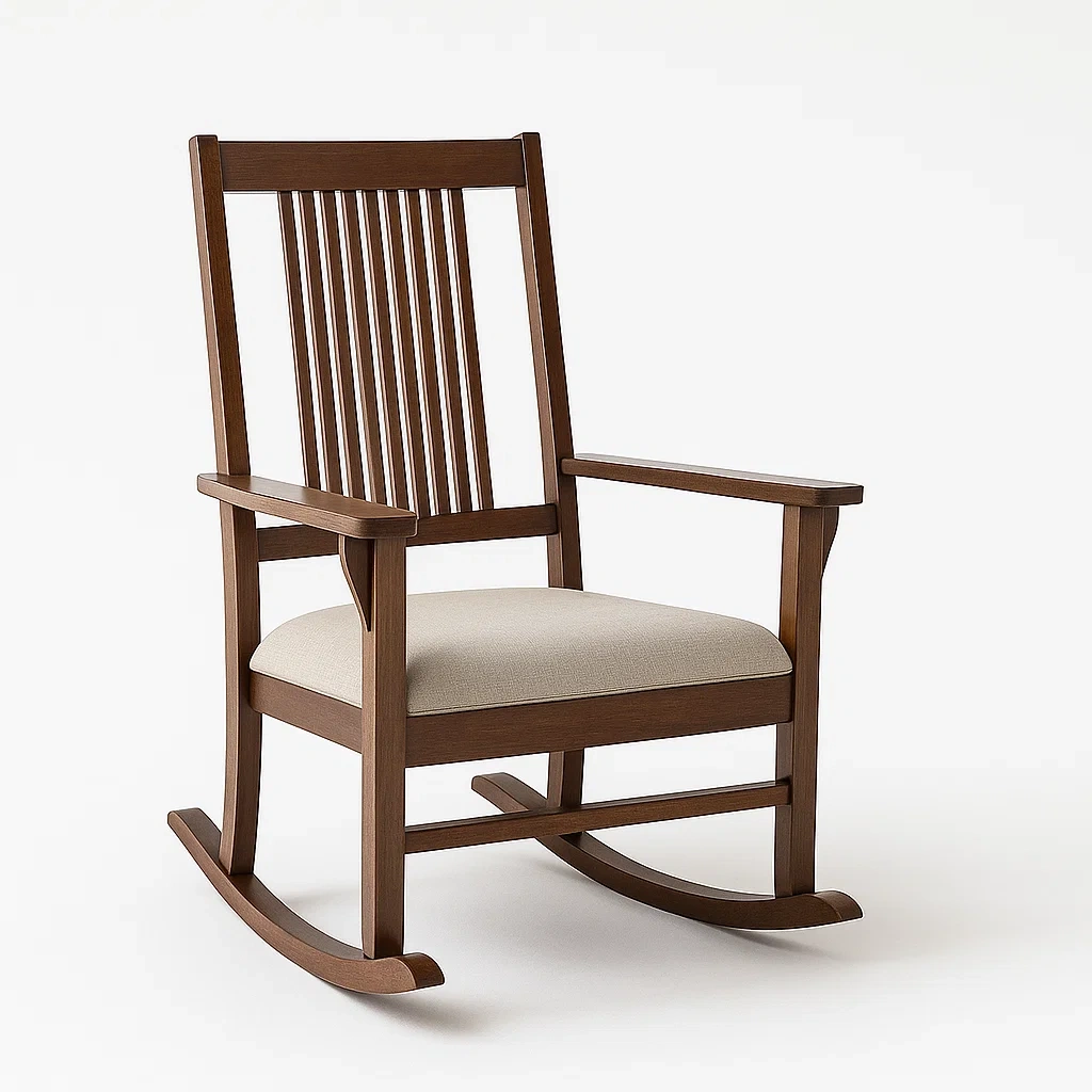 Sedia a dondolo in legno con cuscino in poliestere beige-CASALIQ