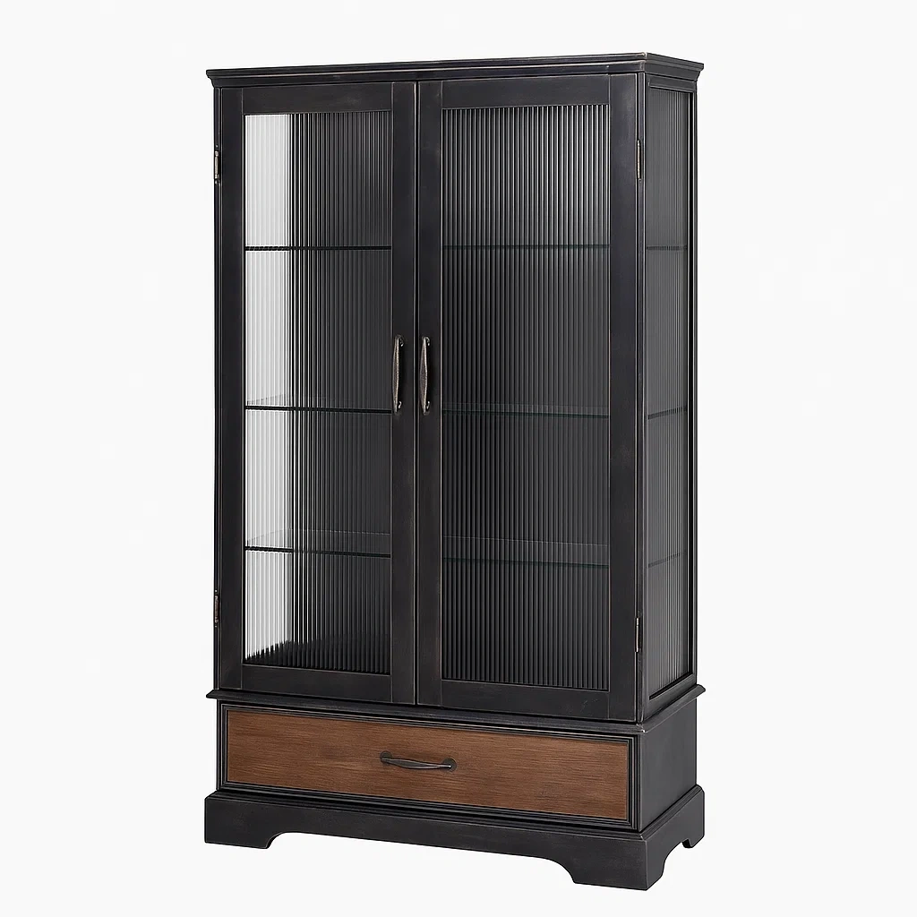 Vetrina doppia con ante in vetro metallo e legno nero/marrone-CASALIQ