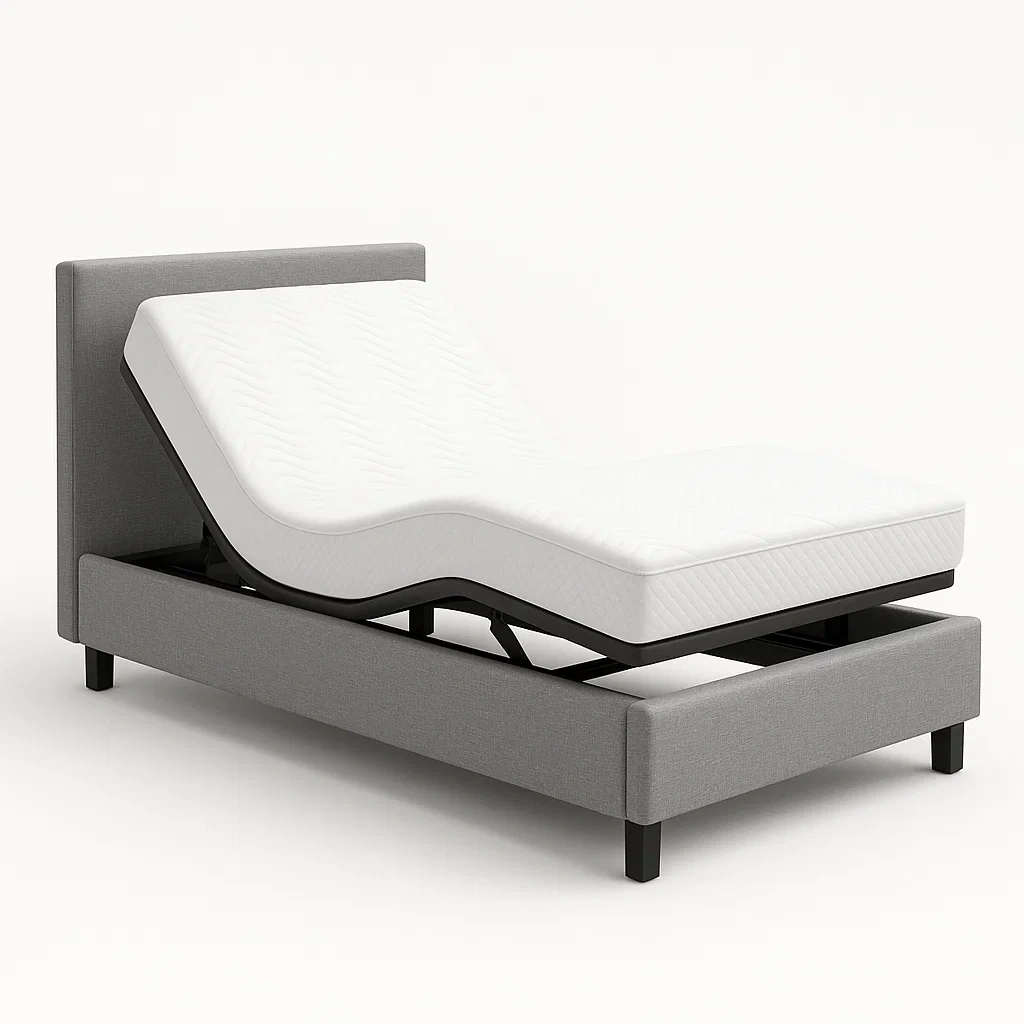 Letto regolabile in acciaio e tessuto con materasso in schiuma