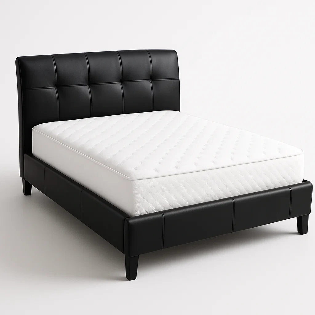 Struttura letto in pelle sintetica nera con materasso