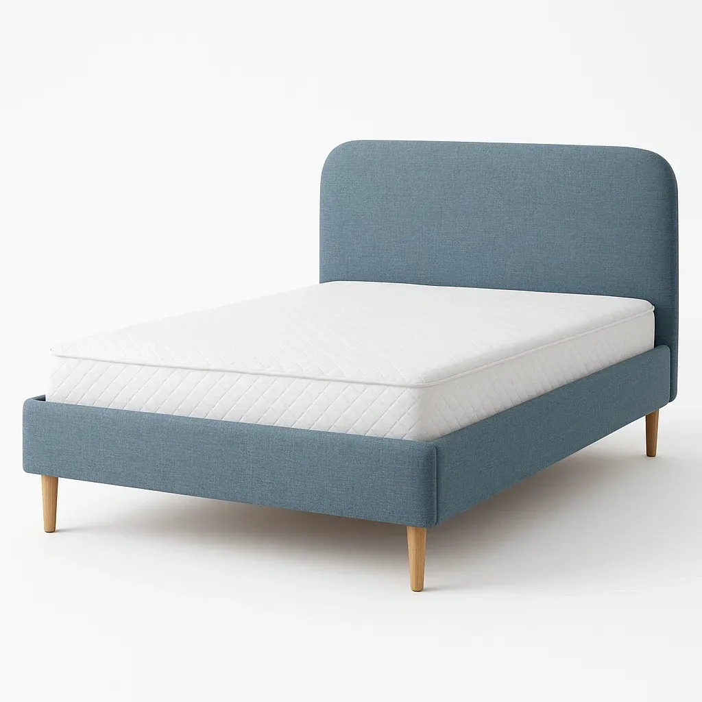 Struttura letto in tessuto blu con materasso