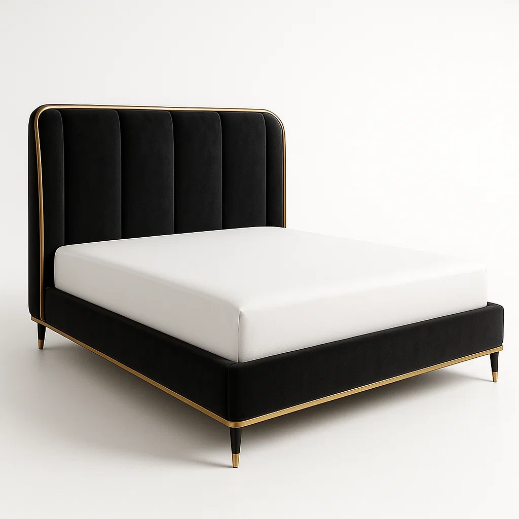 Struttura letto in velluto nero con rifiniture dorate