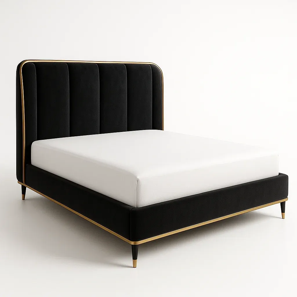 Struttura letto in velluto nero con rifiniture dorate