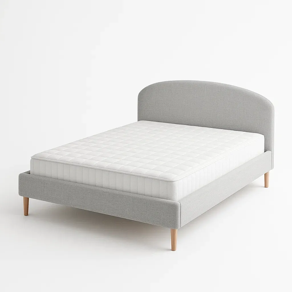 Struttura letto in tessuto poliestere grigio con gambe in legno