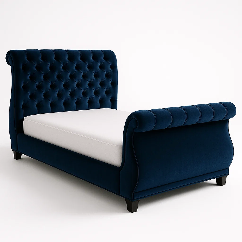 Letto a slitta in velluto blu con testiera trapuntata