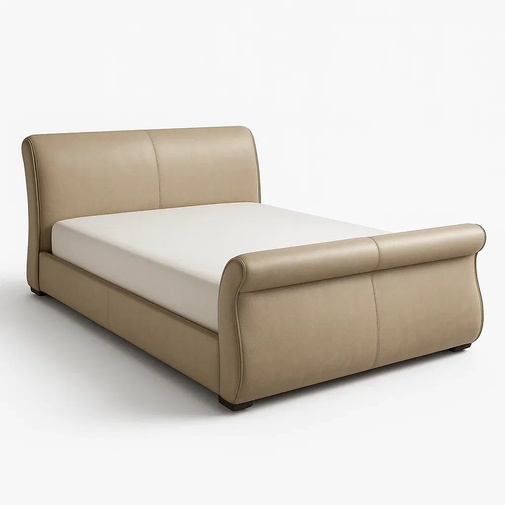 Letto a slitta in pelle sintetica beige con struttura in legno