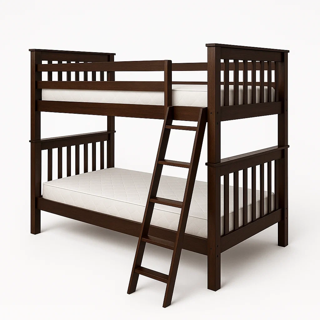 Letto a castello in legno marrone con materassi in schiuma