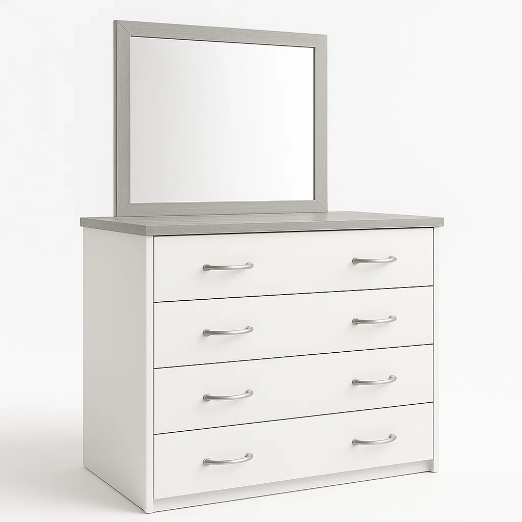 Cassettiera in truciolato bianco con specchio 4 cassetti