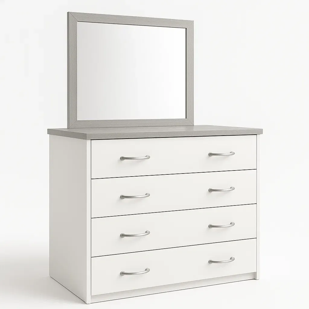 Cassettiera in truciolato bianco con specchio 4 cassetti