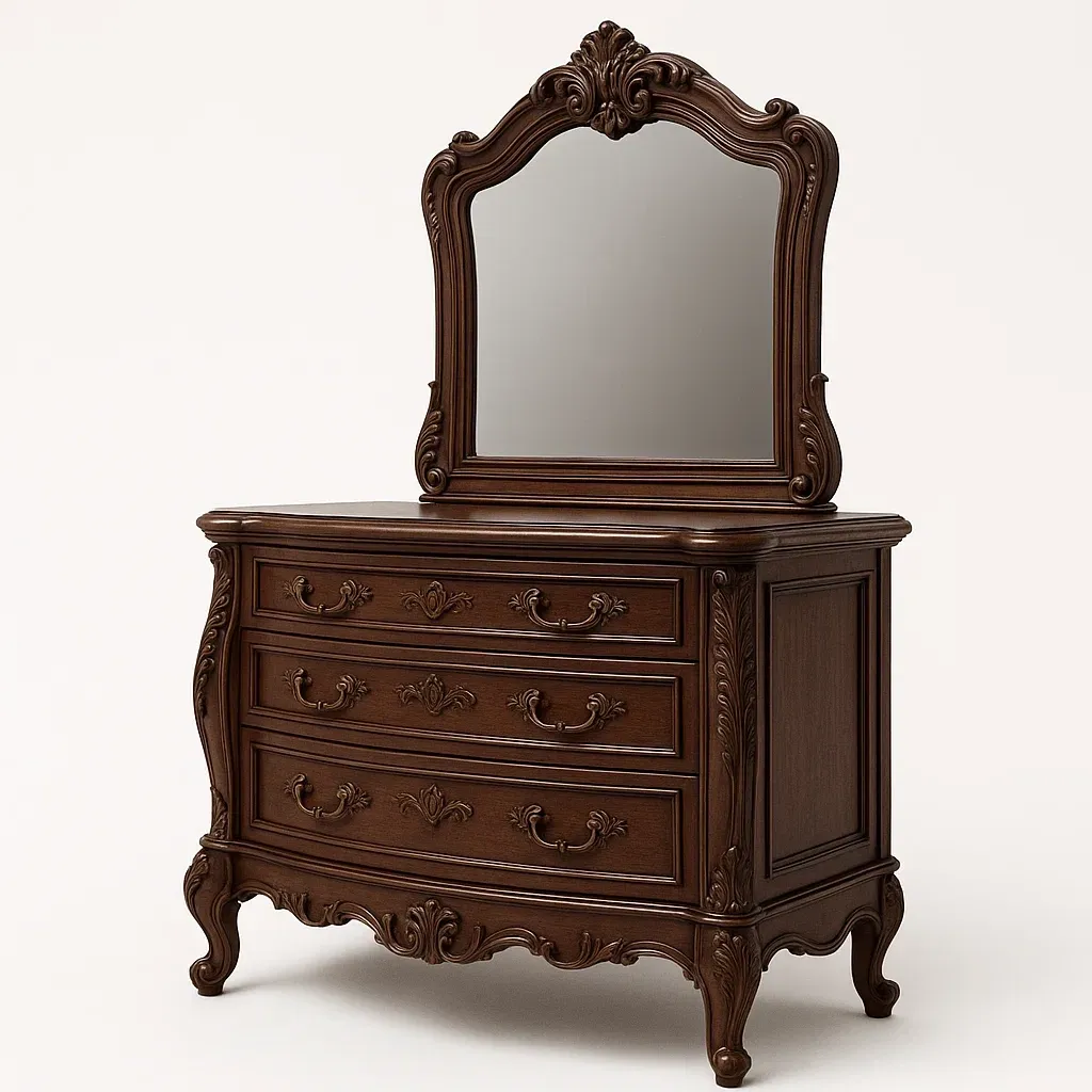 Cassettiera in legno marrone con specchio 3 cassetti