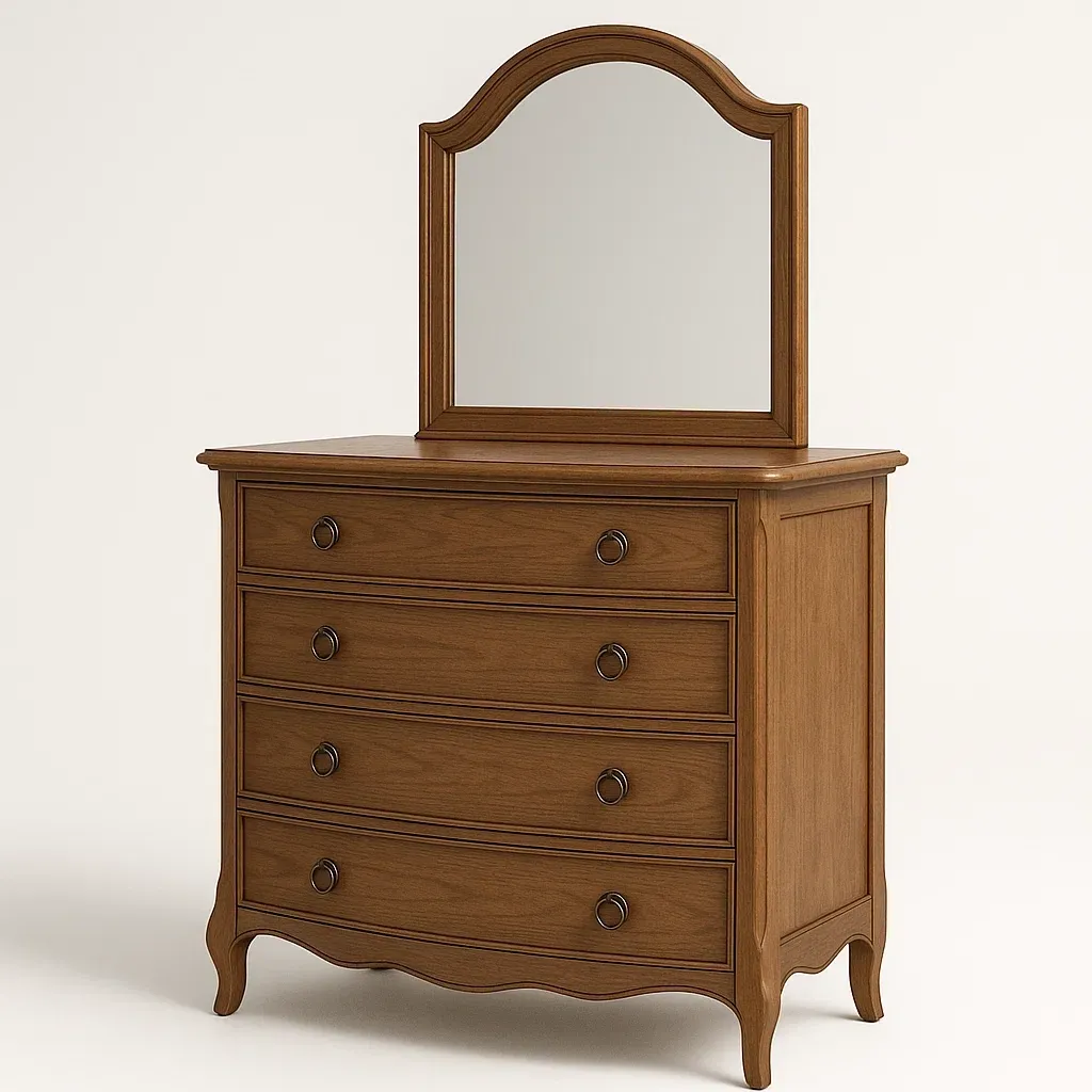 Cassettiera in legno massello marrone con specchio