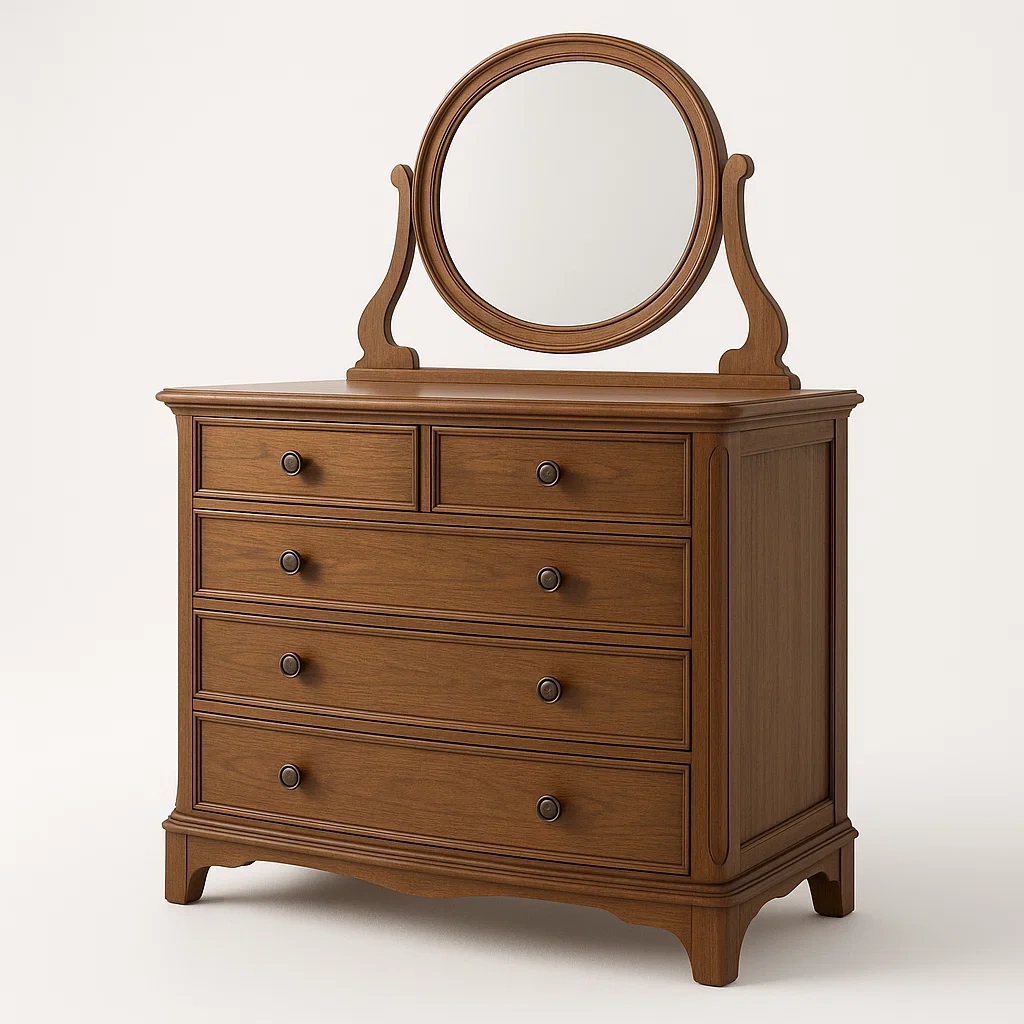 Cassettiera in legno marrone con specchio 5 cassetti