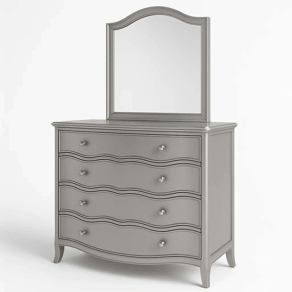 Cassettiera in legno grigio con specchio e cassetti