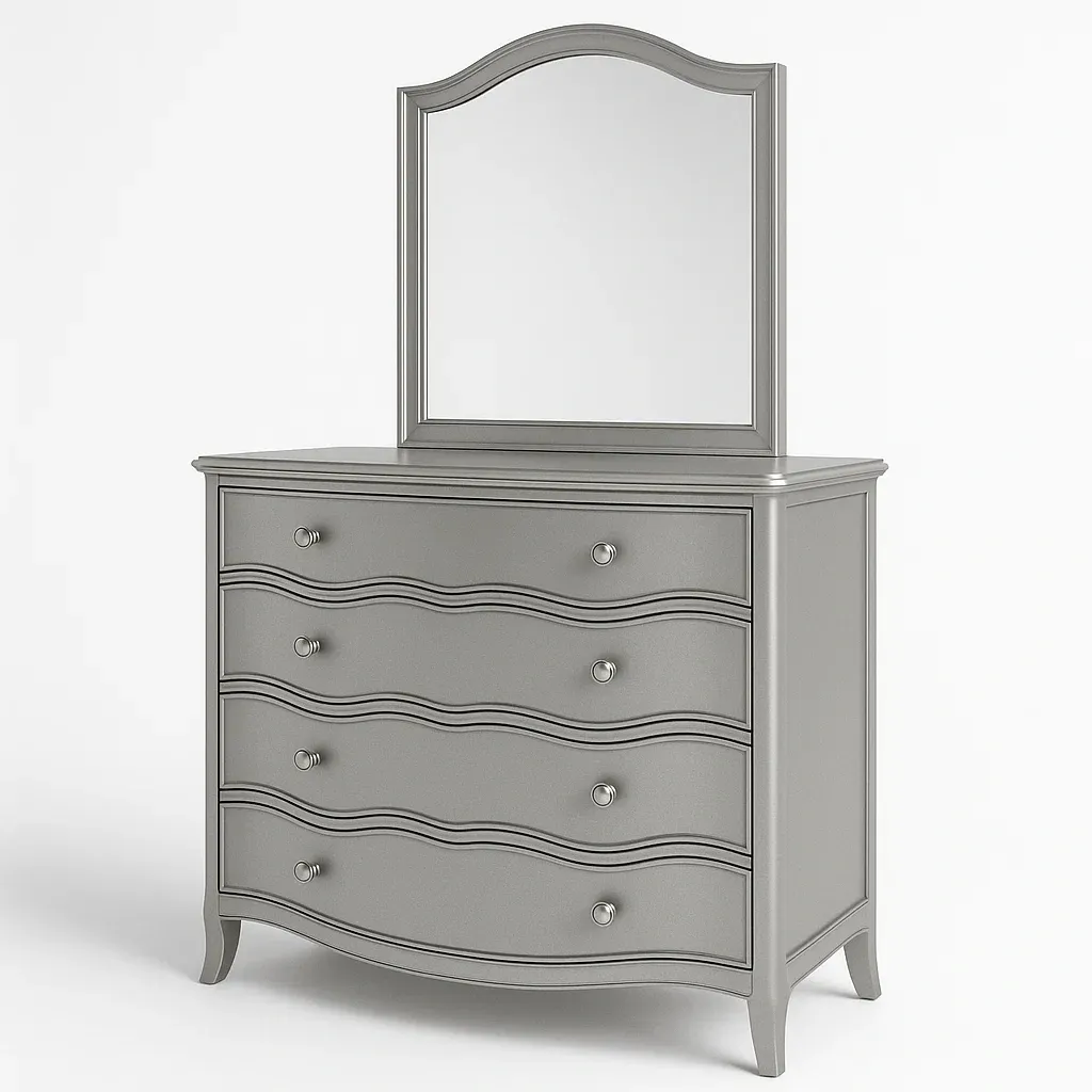 Cassettiera in legno grigio con specchio e cassetti