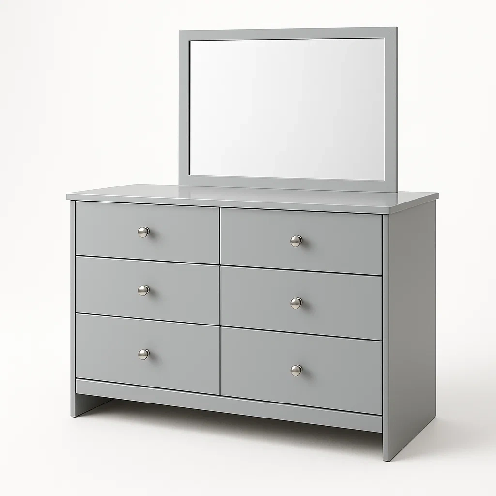 Cassettiera in MDF grigio con specchio 6 cassetti