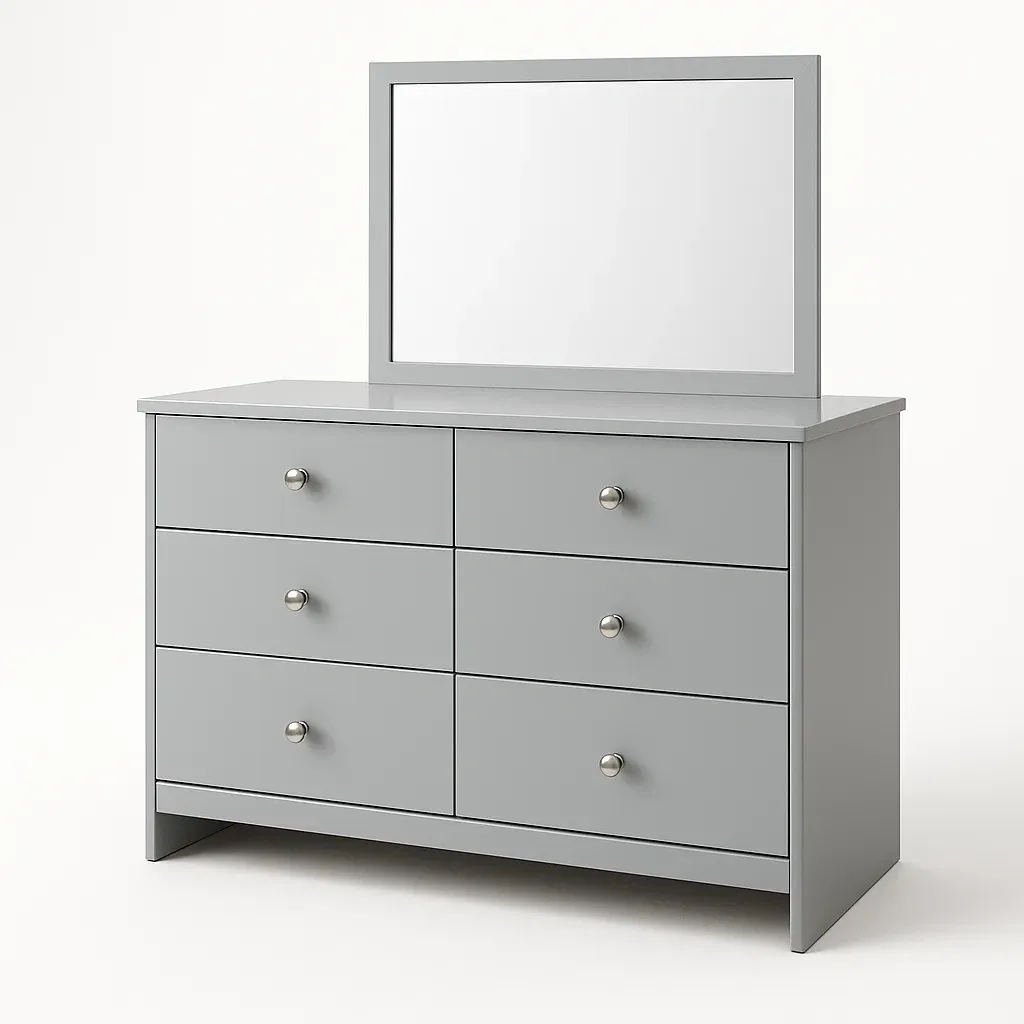 Cassettiera in MDF grigio con specchio 6 cassetti