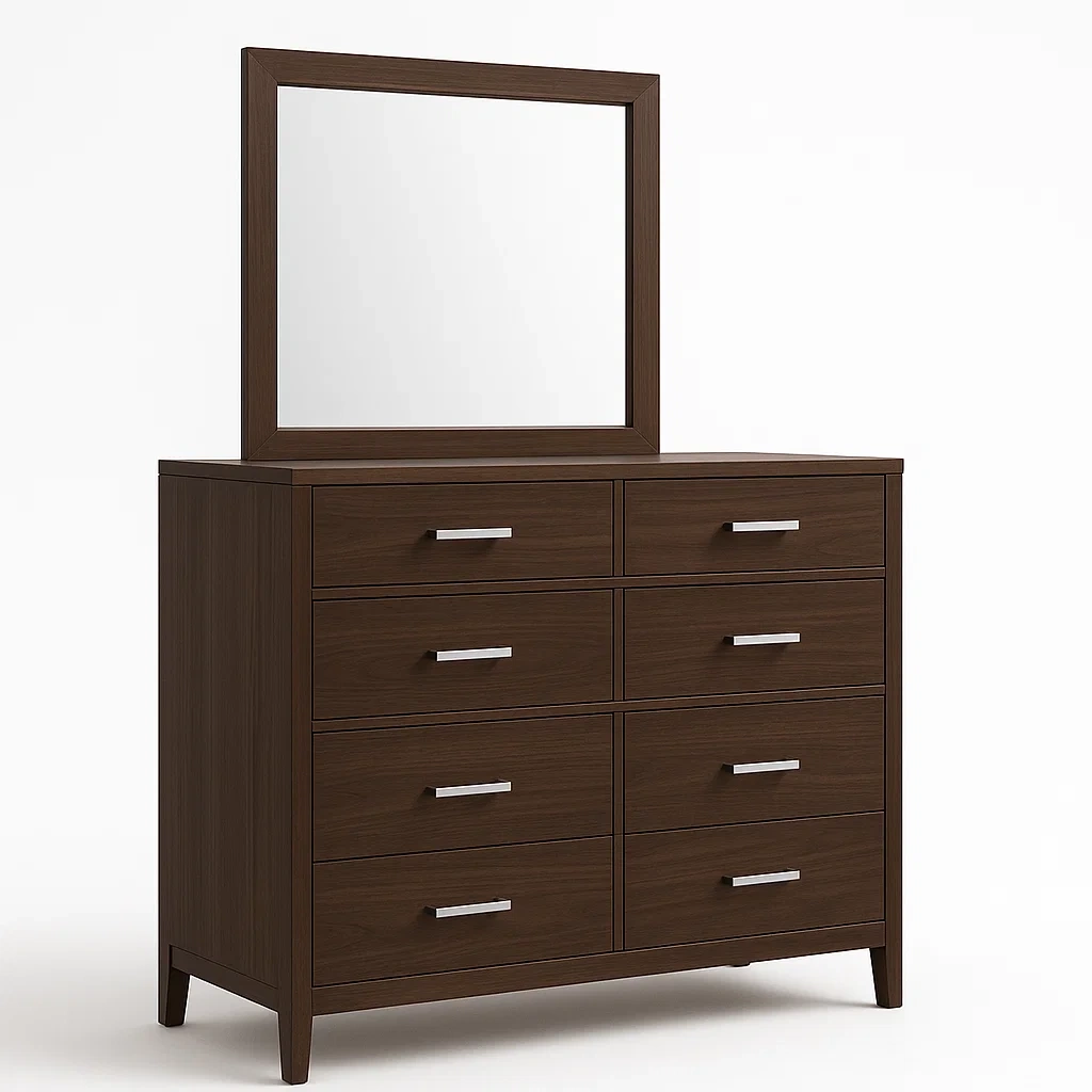 Cassettiera in legno massello marrone scuro con specchio 8 cassetti