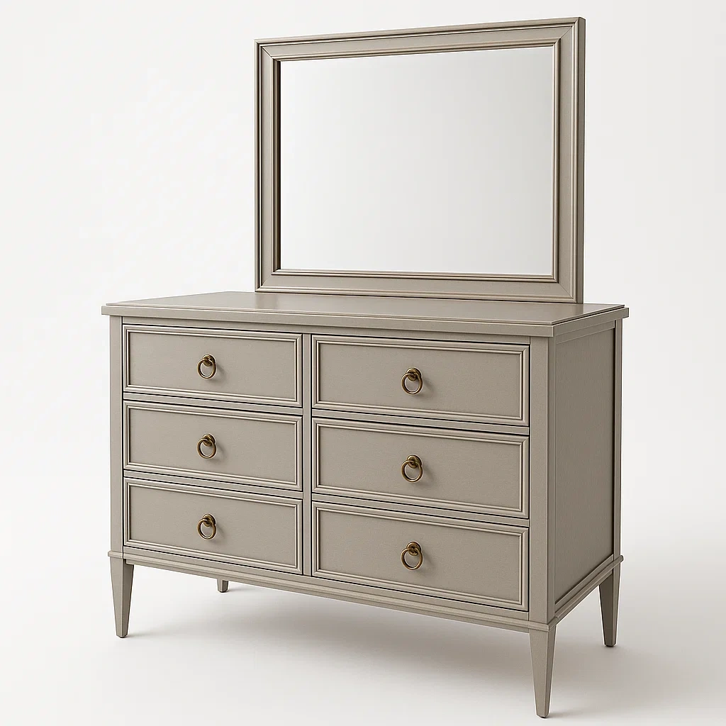 Cassettiera in legno grigio con specchio 6 cassetti