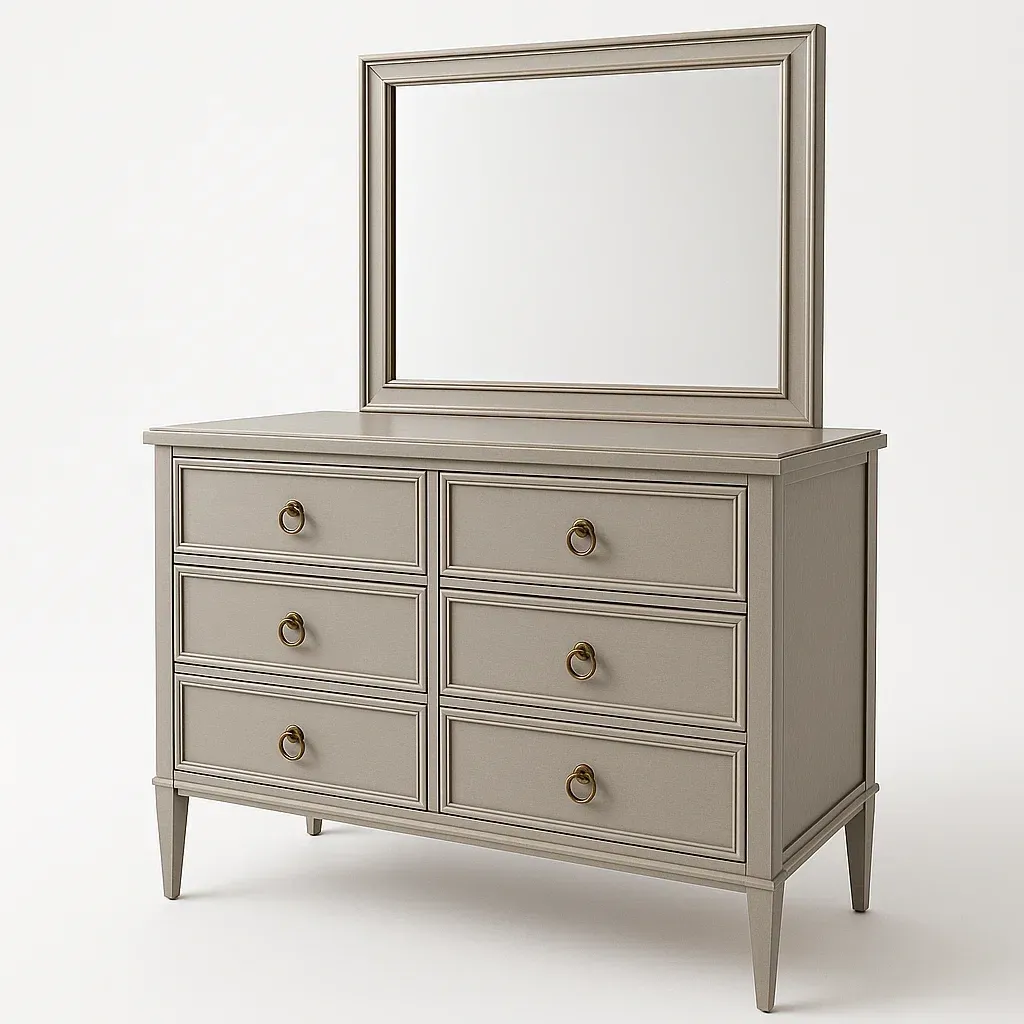 Cassettiera in legno grigio con specchio 6 cassetti