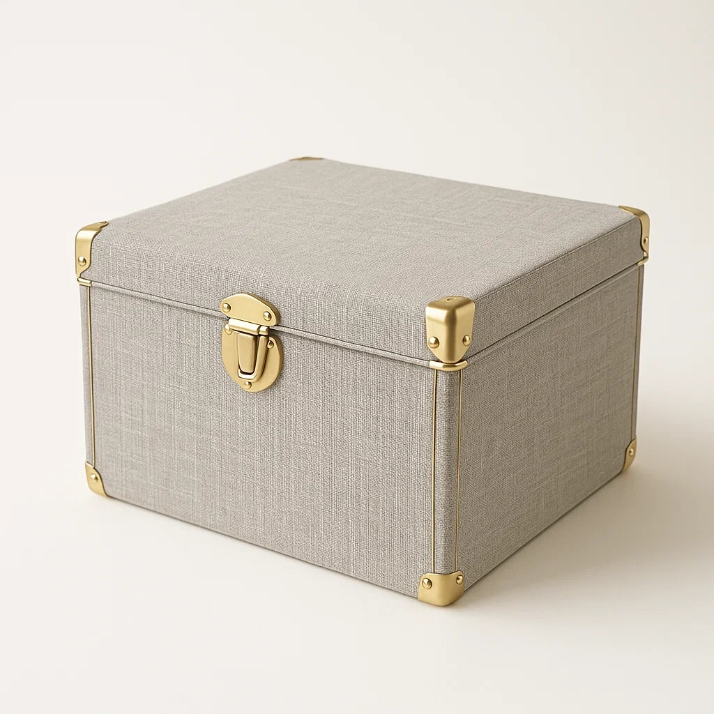 Contenitore portaoggetti in tessuto e metallo grigio e dorato 30×24×20 cm