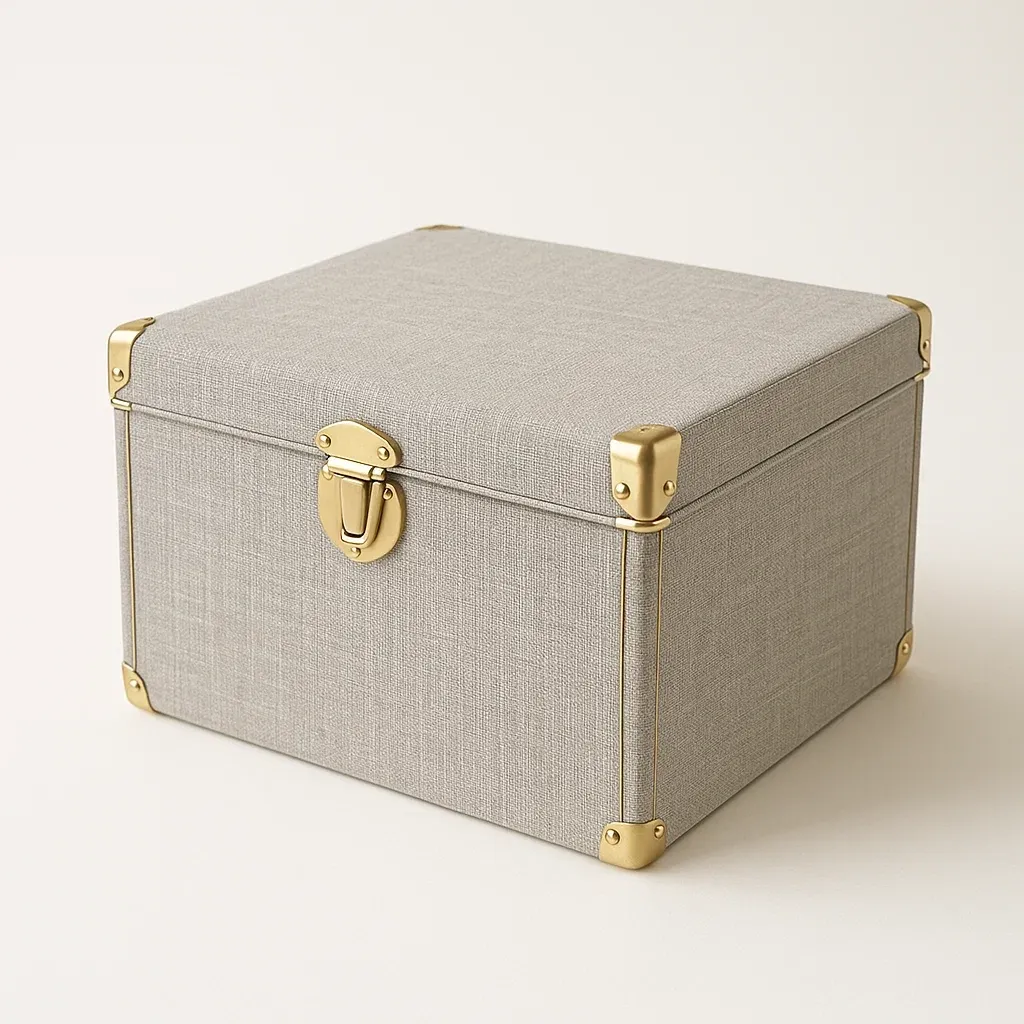 Contenitore portaoggetti in tessuto e metallo grigio e dorato 30×24×20 cm