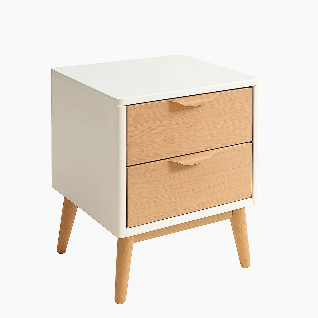 Comodino in MDF e legno con due cassetti bianco e naturale