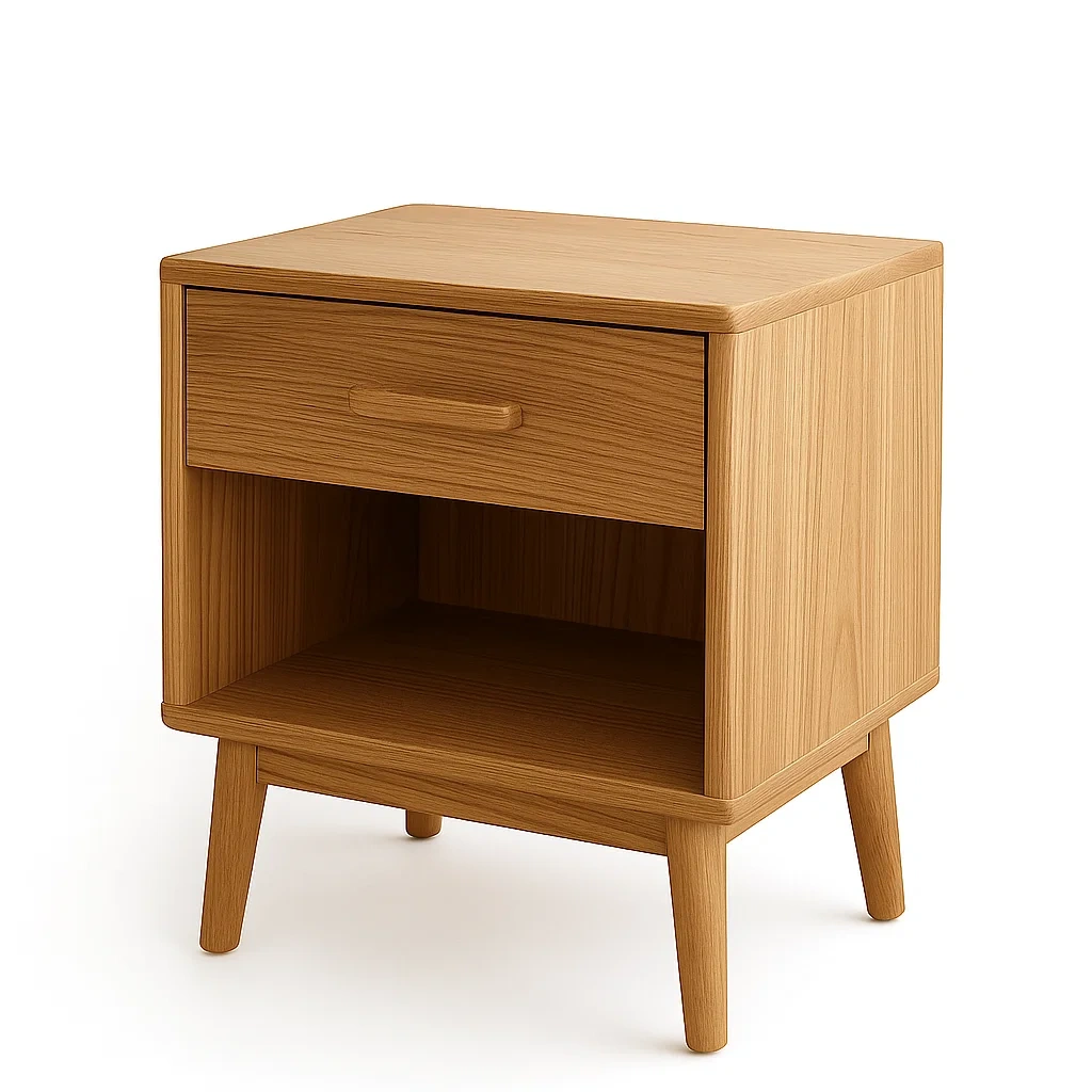 Comodino in legno di quercia con cassetto e ripiano aperto 45×35×55 cm